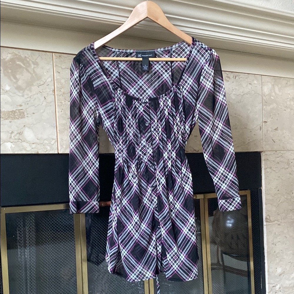 Plaid Black and Magenta Pleated Blouse